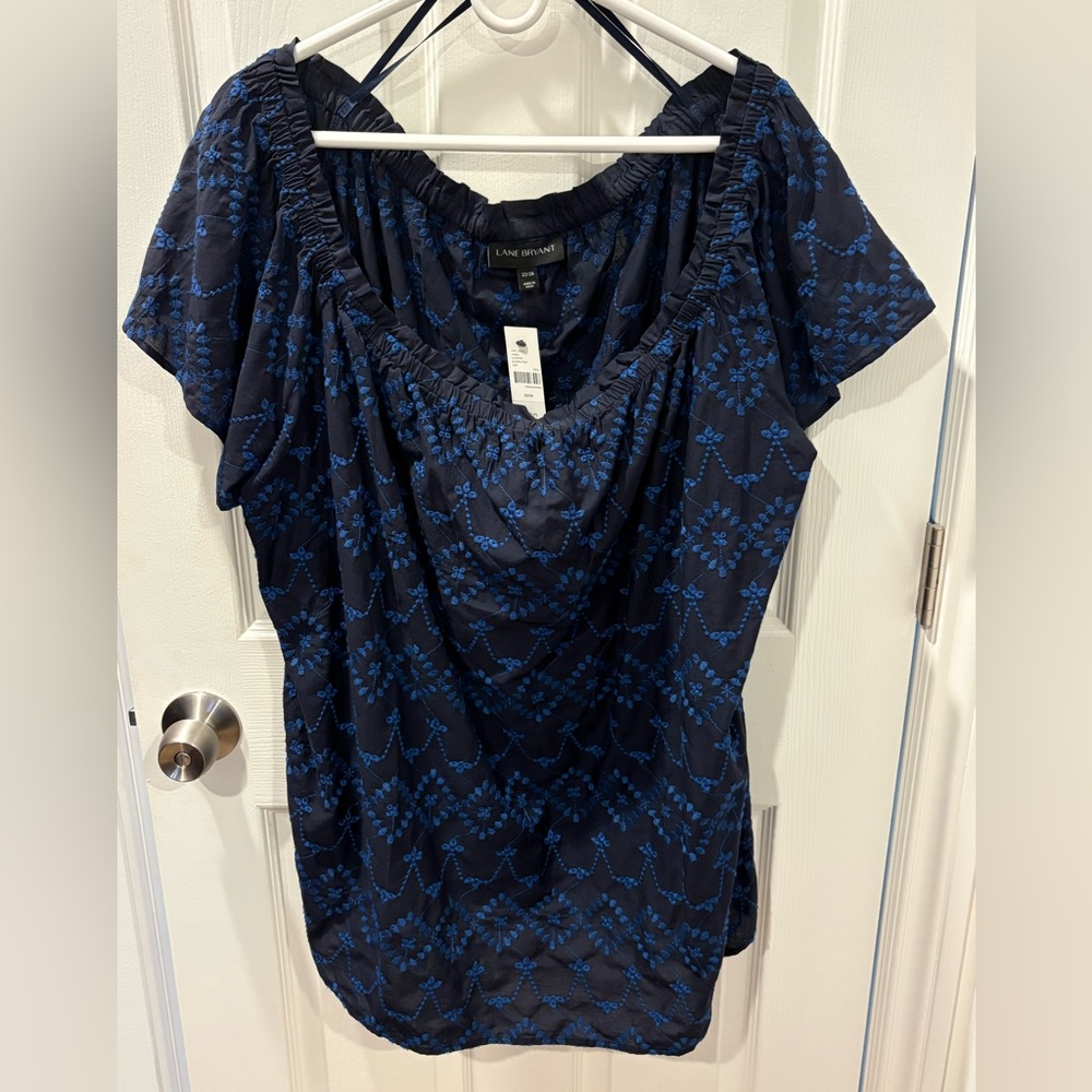NWT Lane Bryant 22/24 Black Blouse with Blue Embroidery